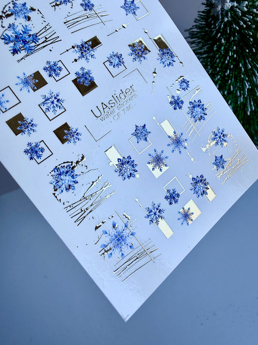 Nail Water Decal CF-746 | Water Slide Nail Decals | Blue Snowflakes with Gold Geometric Accents