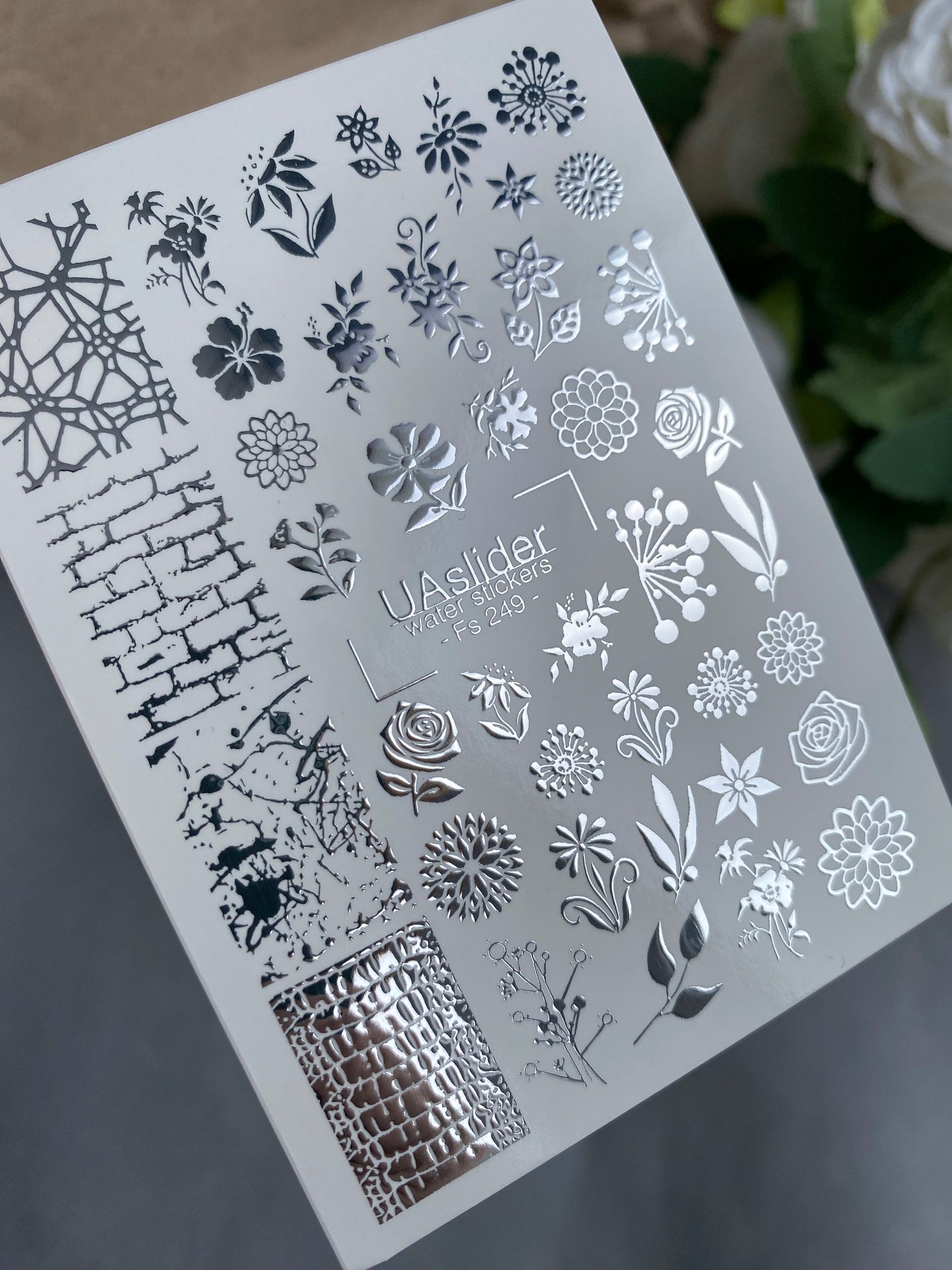 Nagel Wasserabziehbild Fs-249 | Gemischte Wasser-Schiebefolien Nagelabziehbilder | Silberfolie Blumen & Strukturmuster