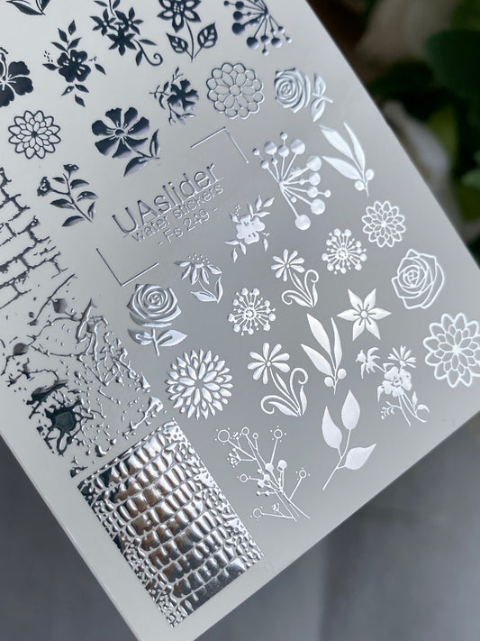 Nail Water Decal Fs-249 | Mixed Water Slide Nail Decals | Silver Foil Flowers & Texture Patterns