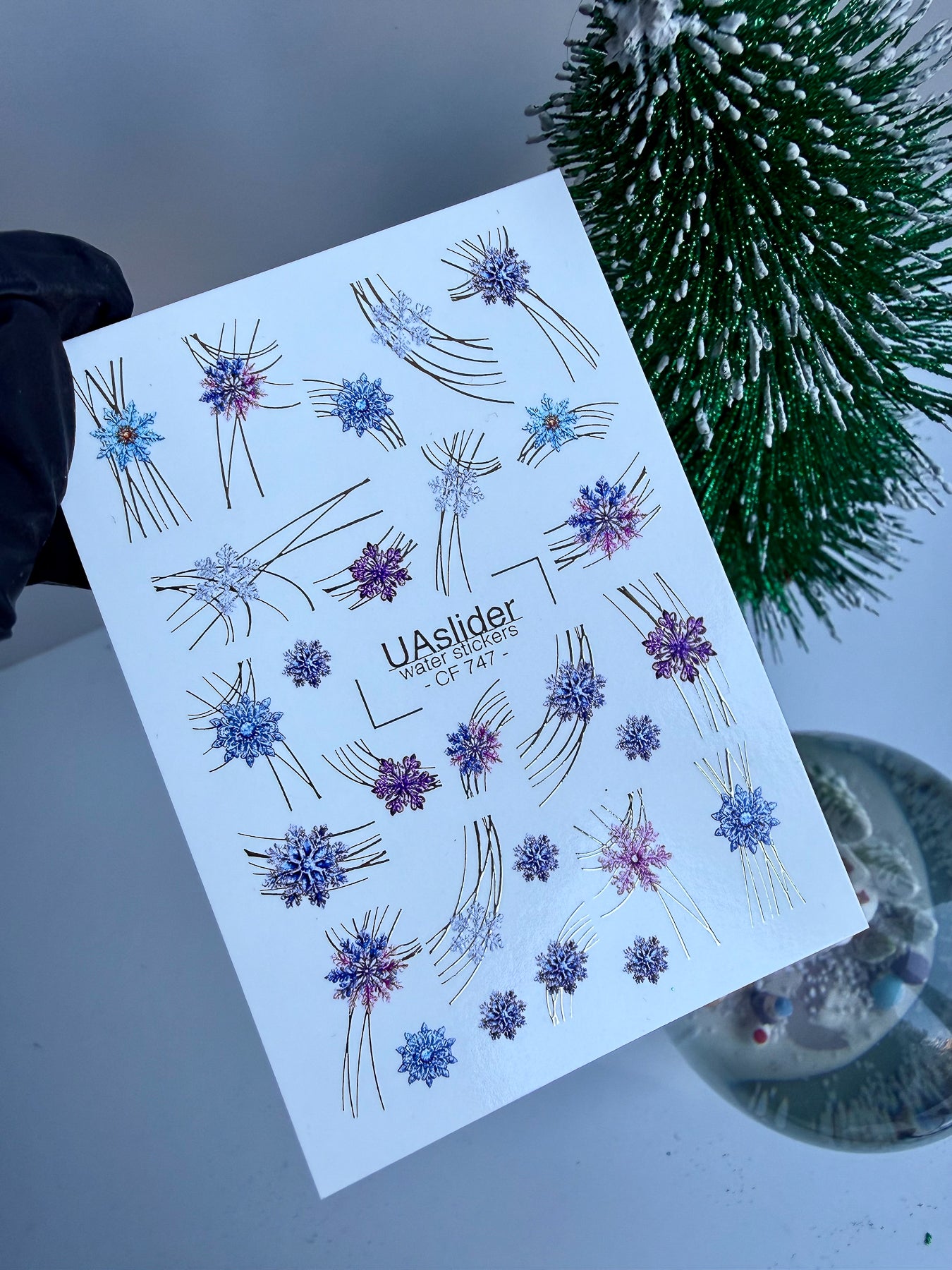 Nail Water Decal CF-747 | Water Slide Nail Decals | Blue and Purple Snowflakes with Gold Lines