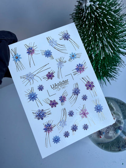 Nail Water Decal CF-747 | Water Slide Nail Decals | Blue and Purple Snowflakes with Gold Lines