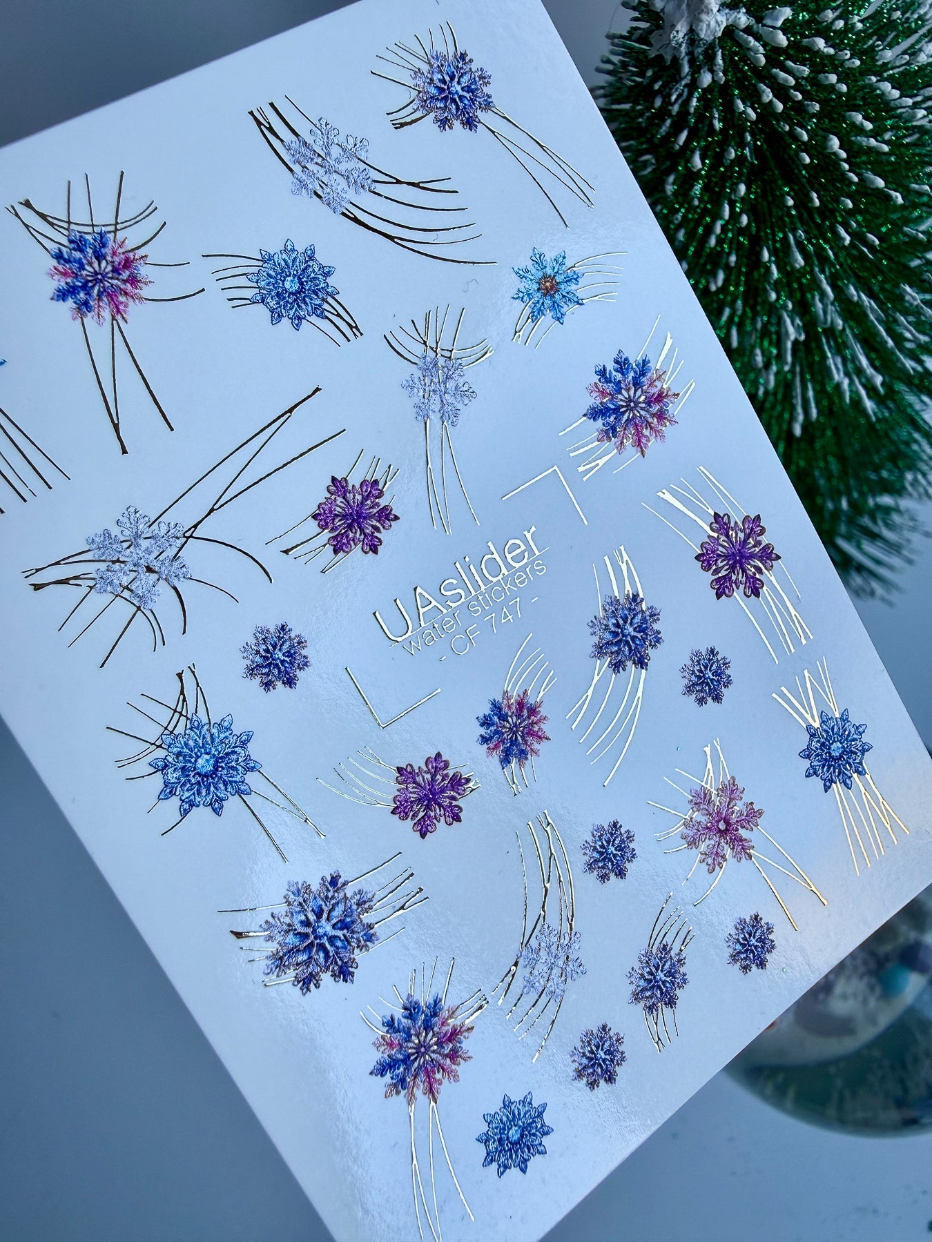 Nail Water Decal CF-747 | Water Slide Nail Decals | Blue and Purple Snowflakes with Gold Lines