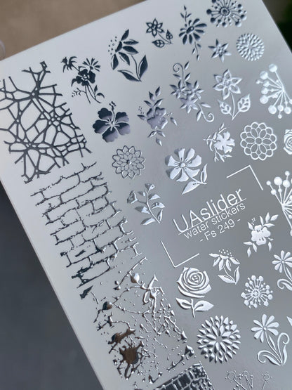 Nagel Wasserabziehbild Fs-249 | Gemischte Wasser-Schiebefolien Nagelabziehbilder | Silberfolie Blumen & Strukturmuster