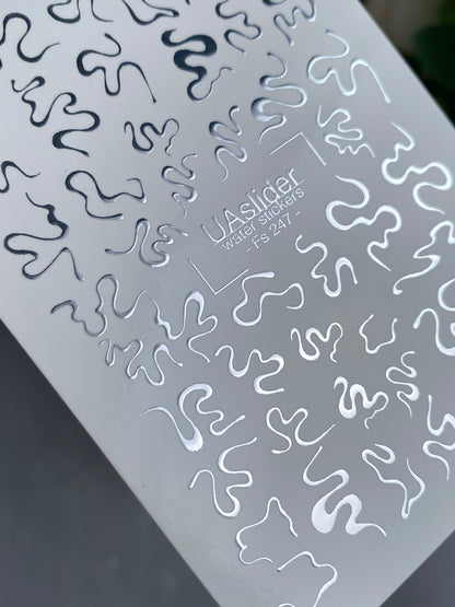 Nail Water Decal Fs-247 | Abstract Water Slide Nail Decals | Silver Foil Wavy Lines