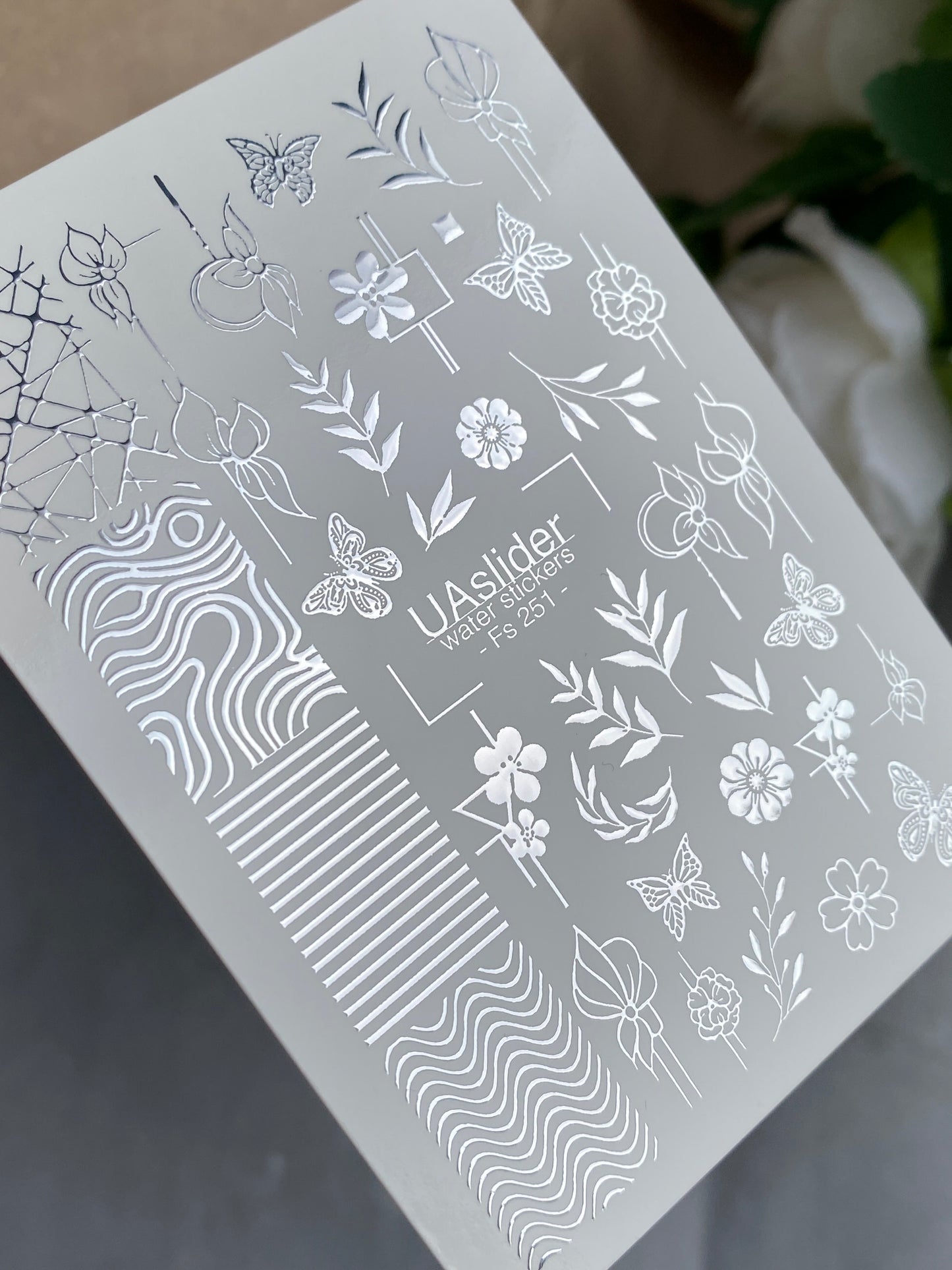 Nail Water Decal Fs-251 | Mixed Water Slide Nail Decals | Silver Foil Flowers, Butterflies & Abstract Lines