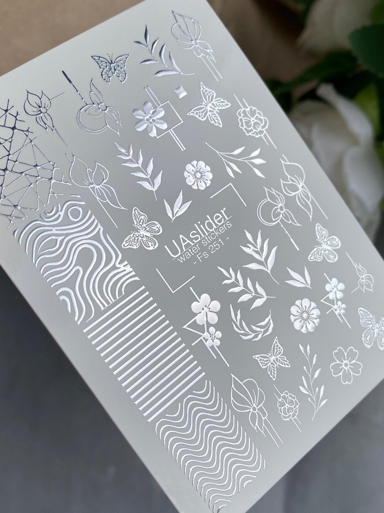 Nail Water Decal Fs-251 | Mixed Water Slide Nail Decals | Silver Foil Flowers, Butterflies & Abstract Lines - UASLIDER