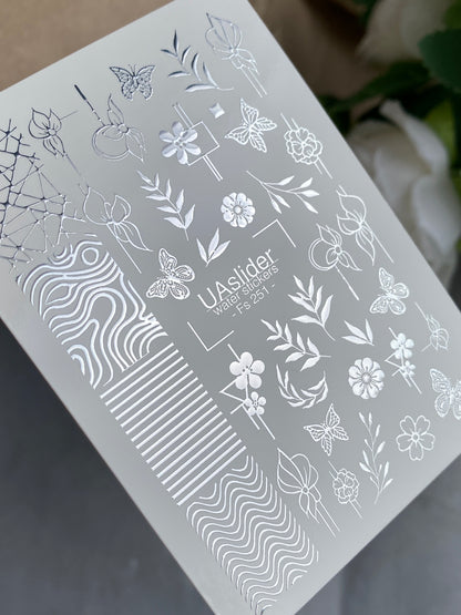 Nail Water Decal Fs-251 | Mixed Water Slide Nail Decals | Silver Foil Flowers, Butterflies & Abstract Lines
