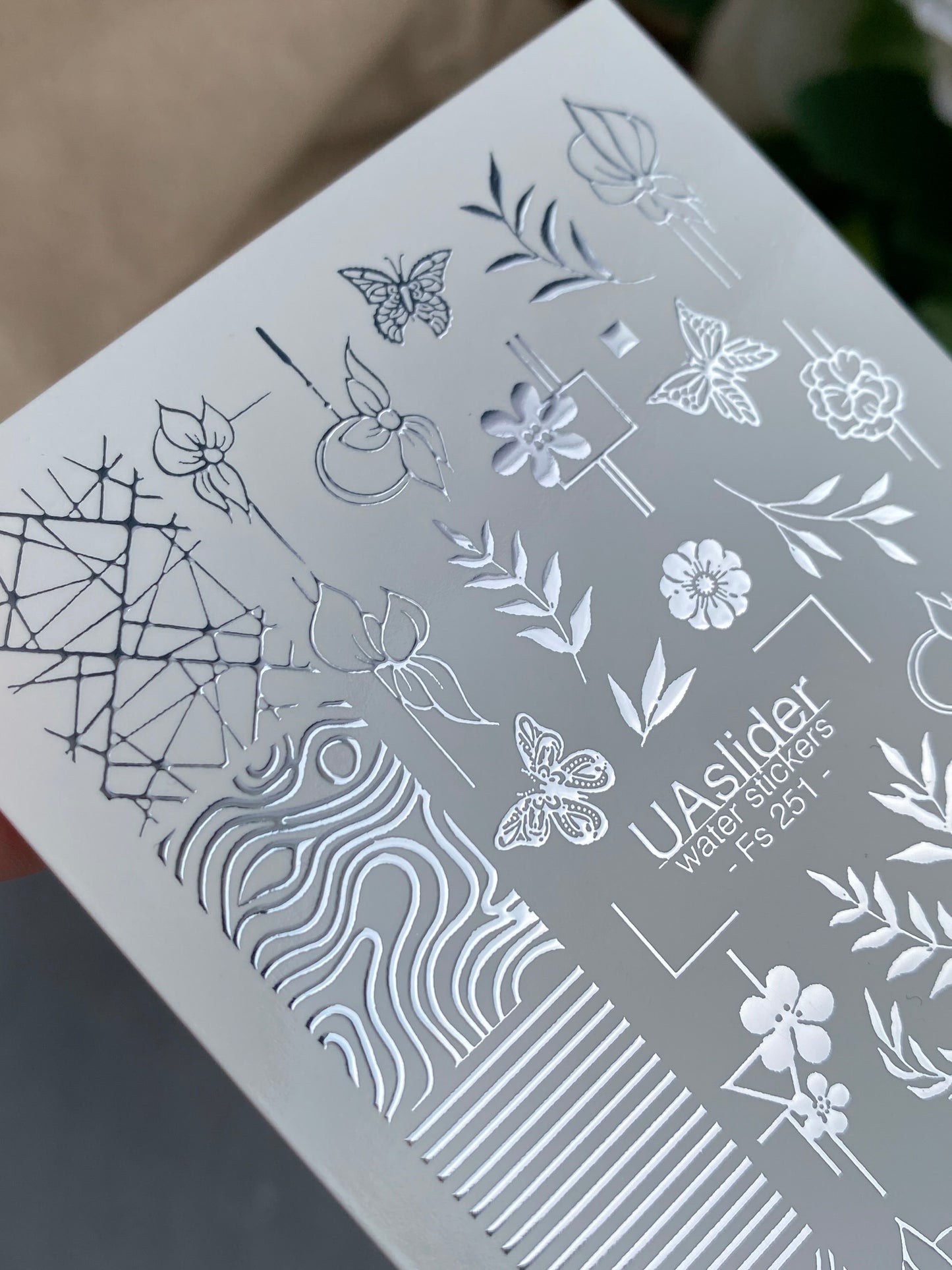 Nail Water Decal Fs-251 | Mixed Water Slide Nail Decals | Silver Foil Flowers, Butterflies & Abstract Lines