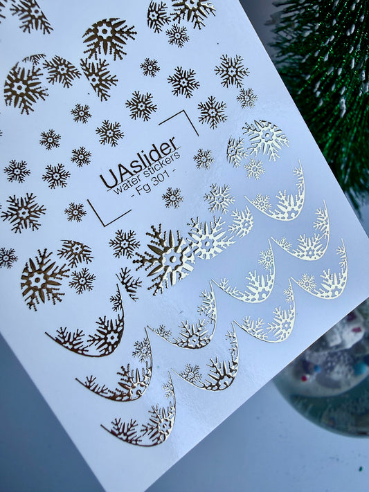 Nail Water Decal Fg-301 | Water Slide Nail Decals | Gold Snowflake French Design