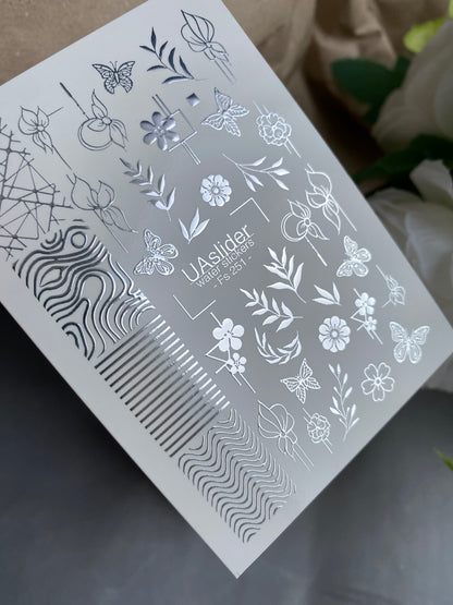 Nail Water Decal Fs-251 | Mixed Water Slide Nail Decals | Silver Foil Flowers, Butterflies & Abstract Lines