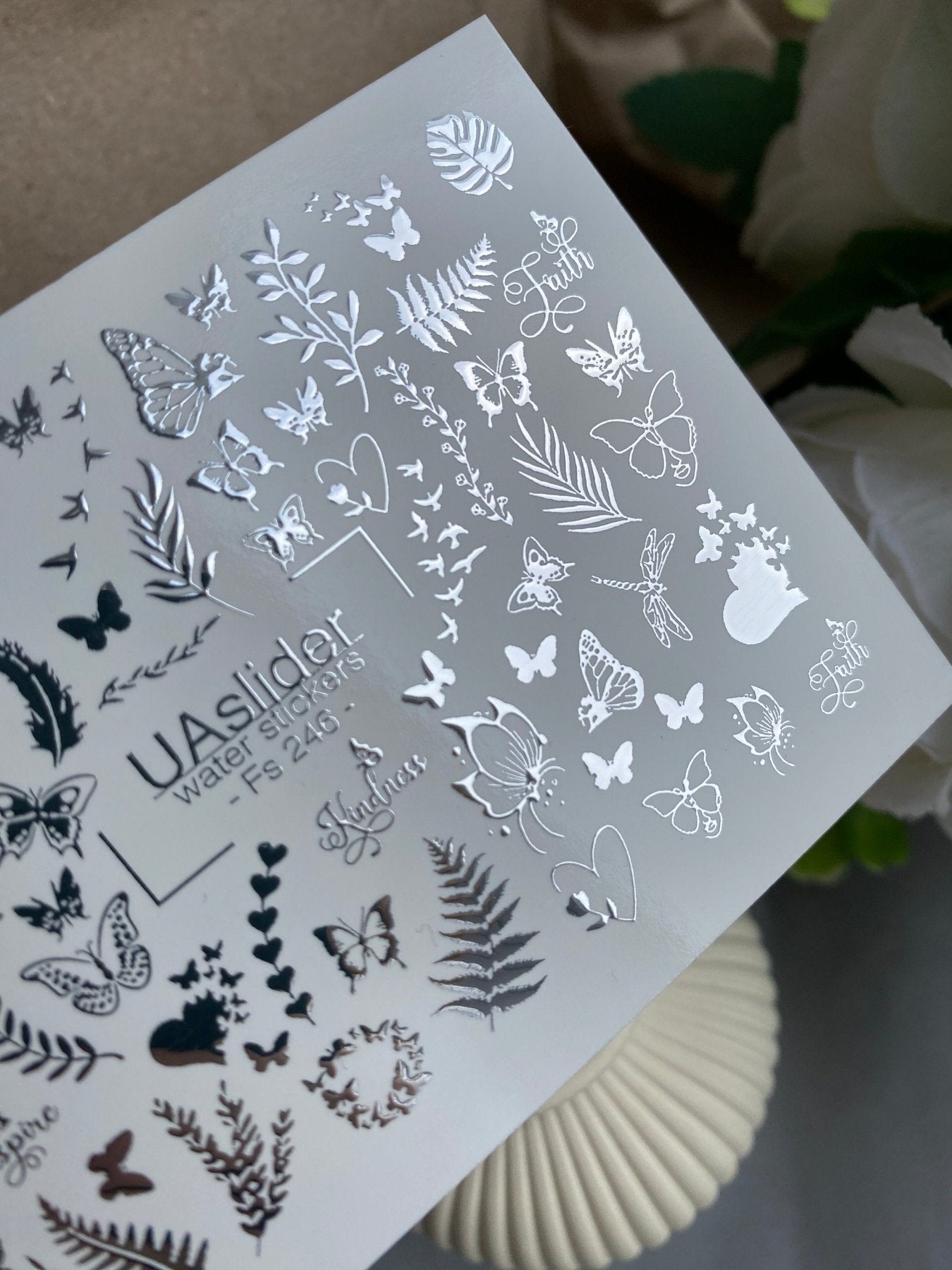 Nail Water Decal Fs-246 | Butterfly Water Slide Nail Decals | Silver Foil Leaves & Inspirational Words - UASLIDER