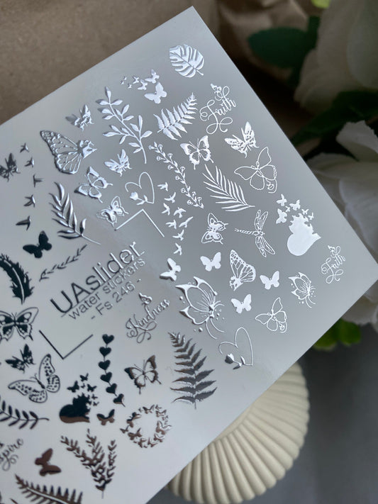 Nail Water Decal Fs-246 | Butterfly Water Slide Nail Decals | Silver Foil Leaves & Inspirational Words