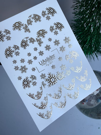 Nail Water Decal Fg-301 | Water Slide Nail Decals | Gold Snowflake French Design