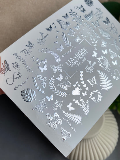 Nail Water Decal Fs-246 | Butterfly Water Slide Nail Decals | Silver Foil Leaves & Inspirational Words