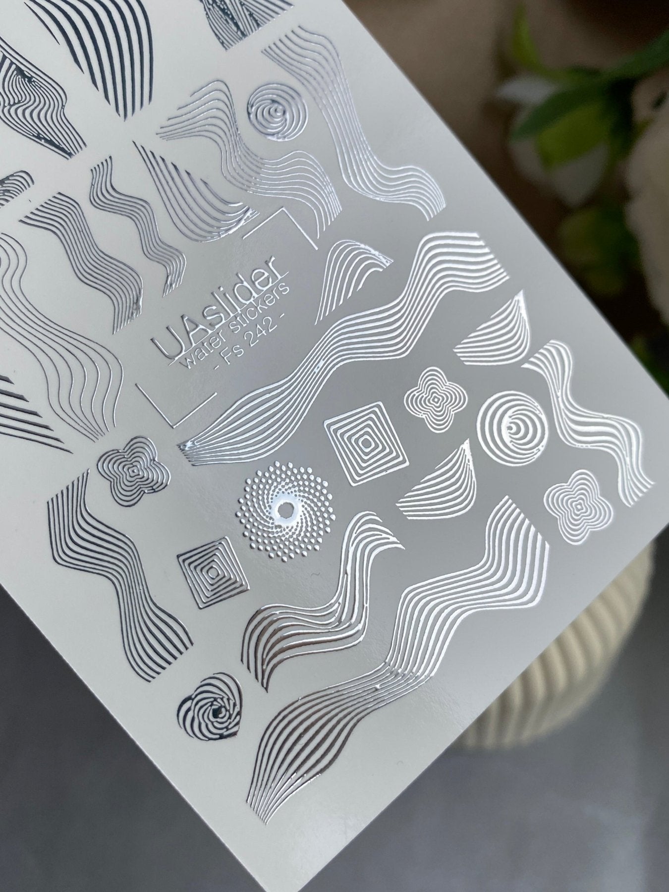 Nail Water Decal Fs-242 | Abstract Water Slide Nail Decals | Silver Foil Waves & Geometric Lines - UASLIDER