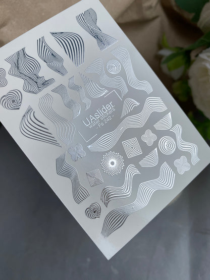 Nail Water Decal Fs-242 | Abstract Water Slide Nail Decals | Silver Foil Waves & Geometric Lines