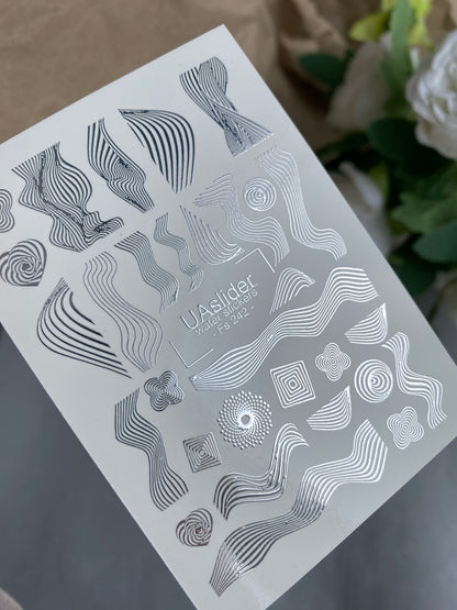 Nail Water Decal Fs-242 | Abstract Water Slide Nail Decals | Silver Foil Waves & Geometric Lines