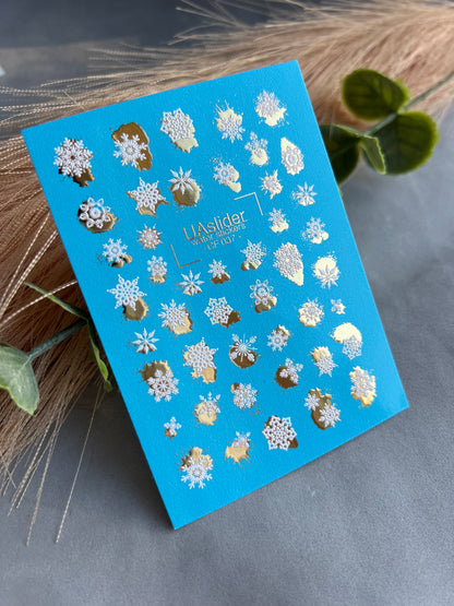 Nail Water Decal CF-037 | Snowflake Water Slide Nail Decals | White Winter Snowflakes with Gold Foil