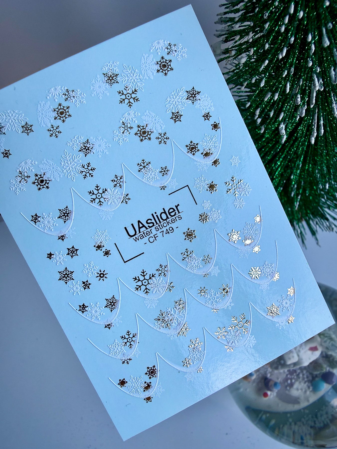 Nail Water Decal CF-749 | Water Slide Nail Decals | White and Gold Snowflake French Design