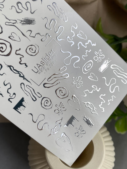 Nail Water Decal Fs-235 | Water Slide Nail Decals Abstract Doodles | Hearts and Artistic Lines