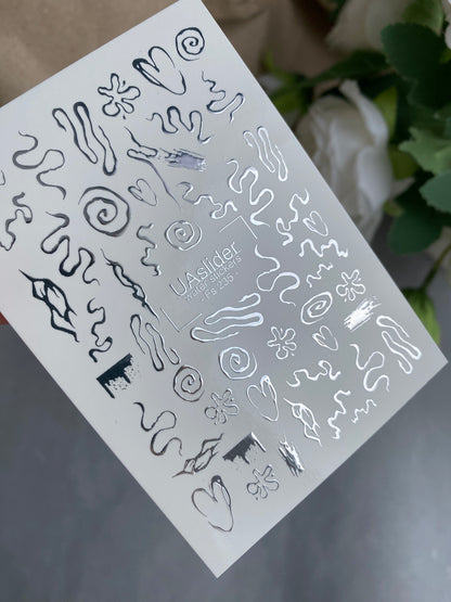 Nail Water Decal Fs-235 | Water Slide Nail Decals Abstract Doodles | Hearts and Artistic Lines