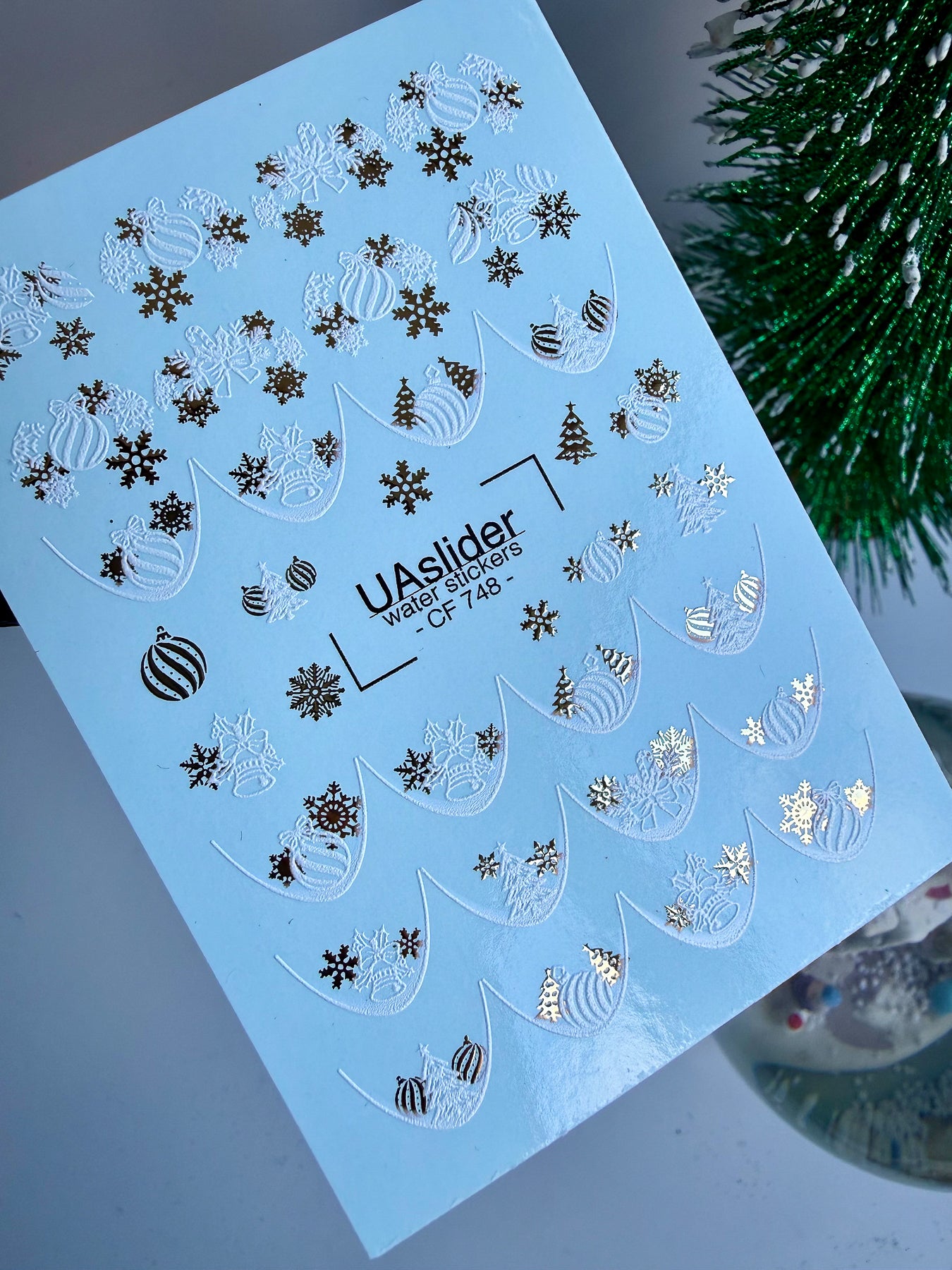 Nail Water Decal CF-748 | Water Slide Nail Decals | Christmas Ornaments and Gold Snowflakes