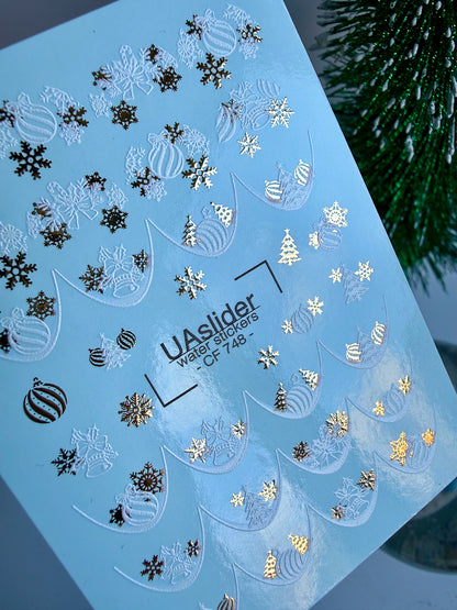 Nail Water Decal CF-748 | Water Slide Nail Decals | Christmas Ornaments and Gold Snowflakes