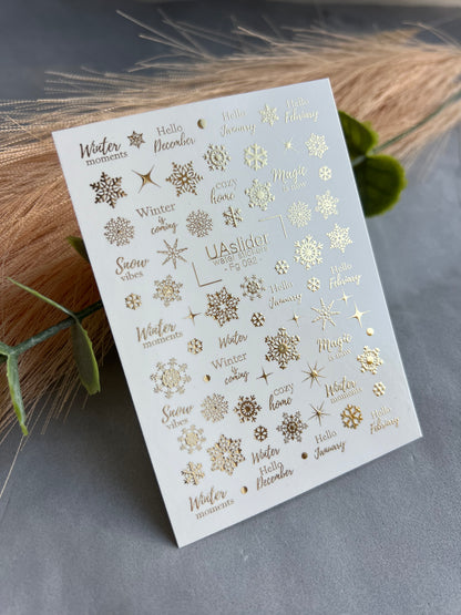 Nagų vandens lipdukas Fg-092 | Vandens slydimo nagų lipdukai | Auksinės snaigės ir žiemos citatos