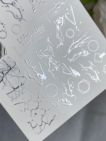 Nail Water Decal Fs-245 | Abstract Water Slide Nail Decals | Silver Foil Marble & Crackle Designs