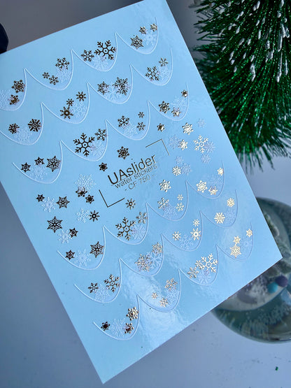 Nail Water Decal CF-750 | Water Slide Nail Decals | Gold and White Snowflake French Tips