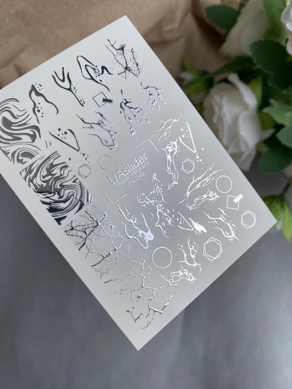 Nail Water Decal Fs-245 | Abstract Water Slide Nail Decals | Silver Foil Marble & Crackle Designs