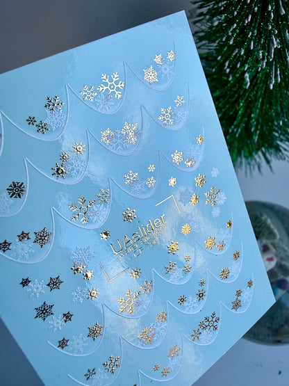 Nail Water Decal CF-750 | Water Slide Nail Decals | Gold and White Snowflake French Tips