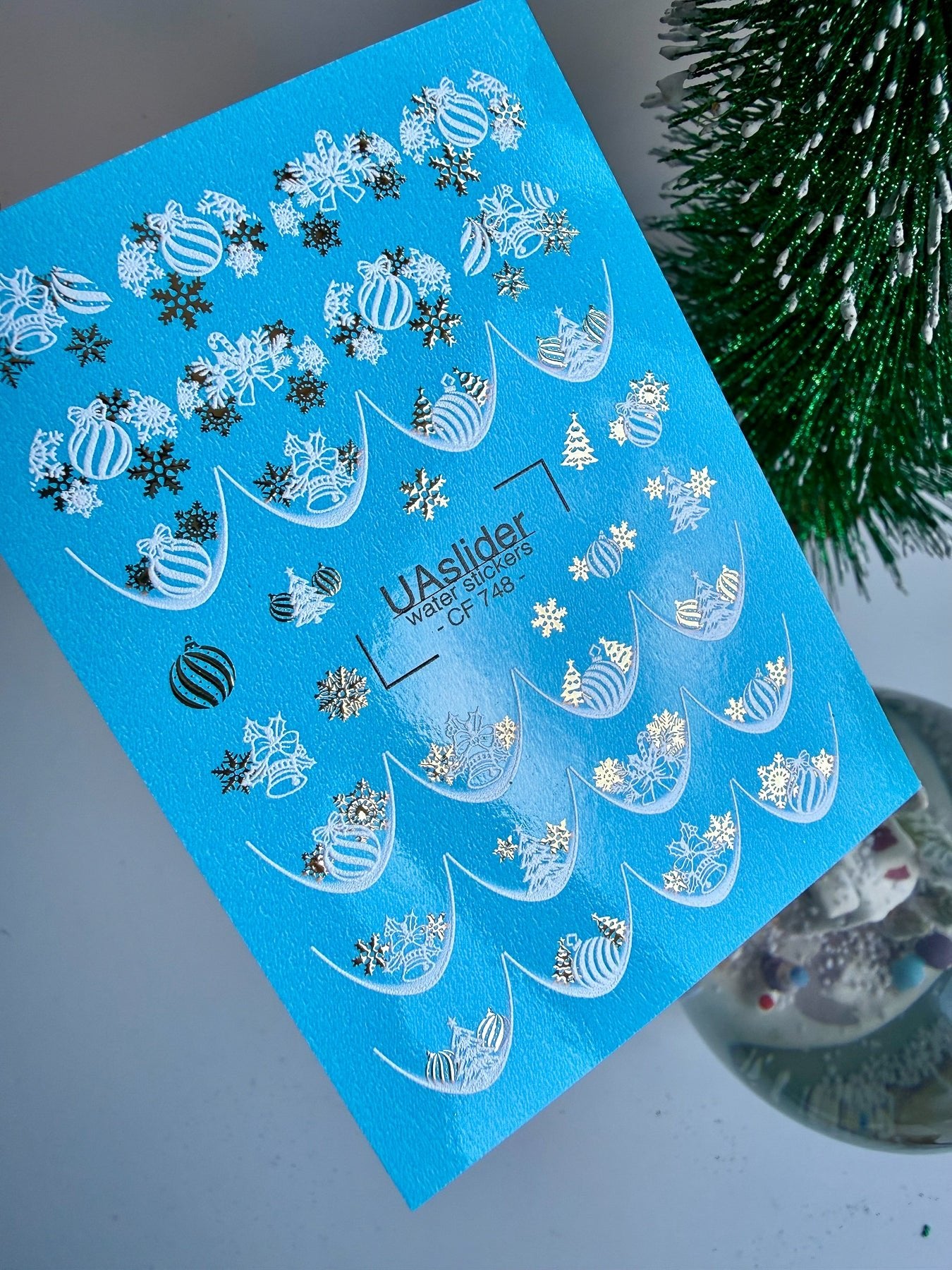 Nail Water Decal CF-748 | Water Slide Nail Decals | Christmas Ornaments and Gold Snowflakes