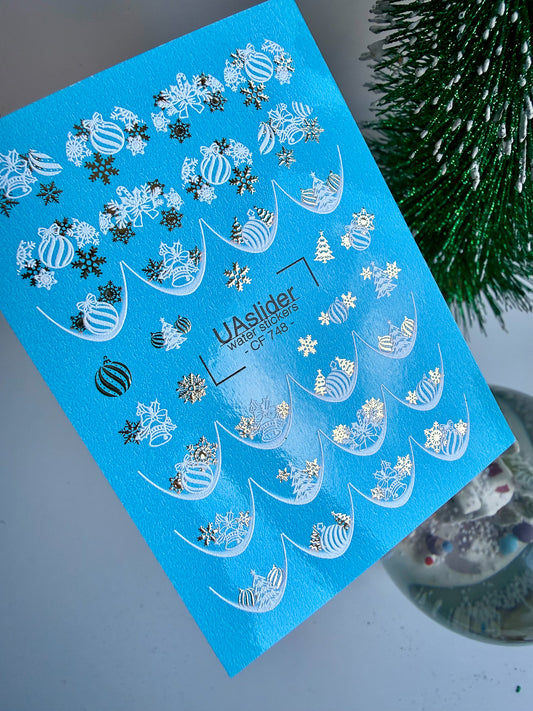 Nail Water Decal CF-748 | Water Slide Nail Decals | Christmas Ornaments and Gold Snowflakes