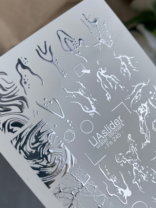 Nail Water Decal Fs-245 | Abstract Water Slide Nail Decals | Silver Foil Marble & Crackle Designs