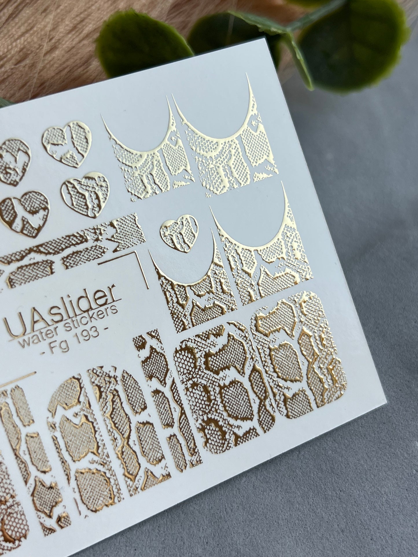 Nail Water Decal Fg-193 | Water Slide Nail Decals | Gold Foil Animal Print & French Hearts