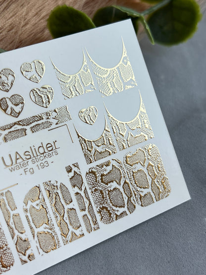 Nail Water Decal Fg-193 | Water Slide Nail Decals | Gold Foil Animal Print & French Hearts