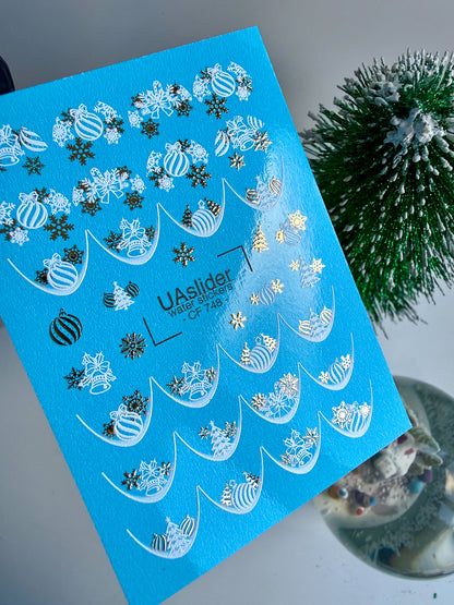 Nail Water Decal CF-748 | Water Slide Nail Decals | Christmas Ornaments and Gold Snowflakes