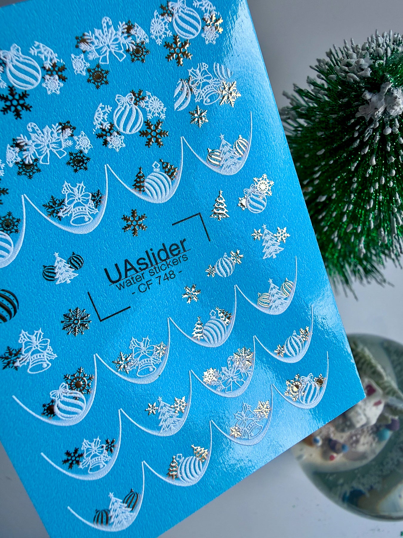 Nail Water Decal CF-748 | Water Slide Nail Decals | Christmas Ornaments and Gold Snowflakes