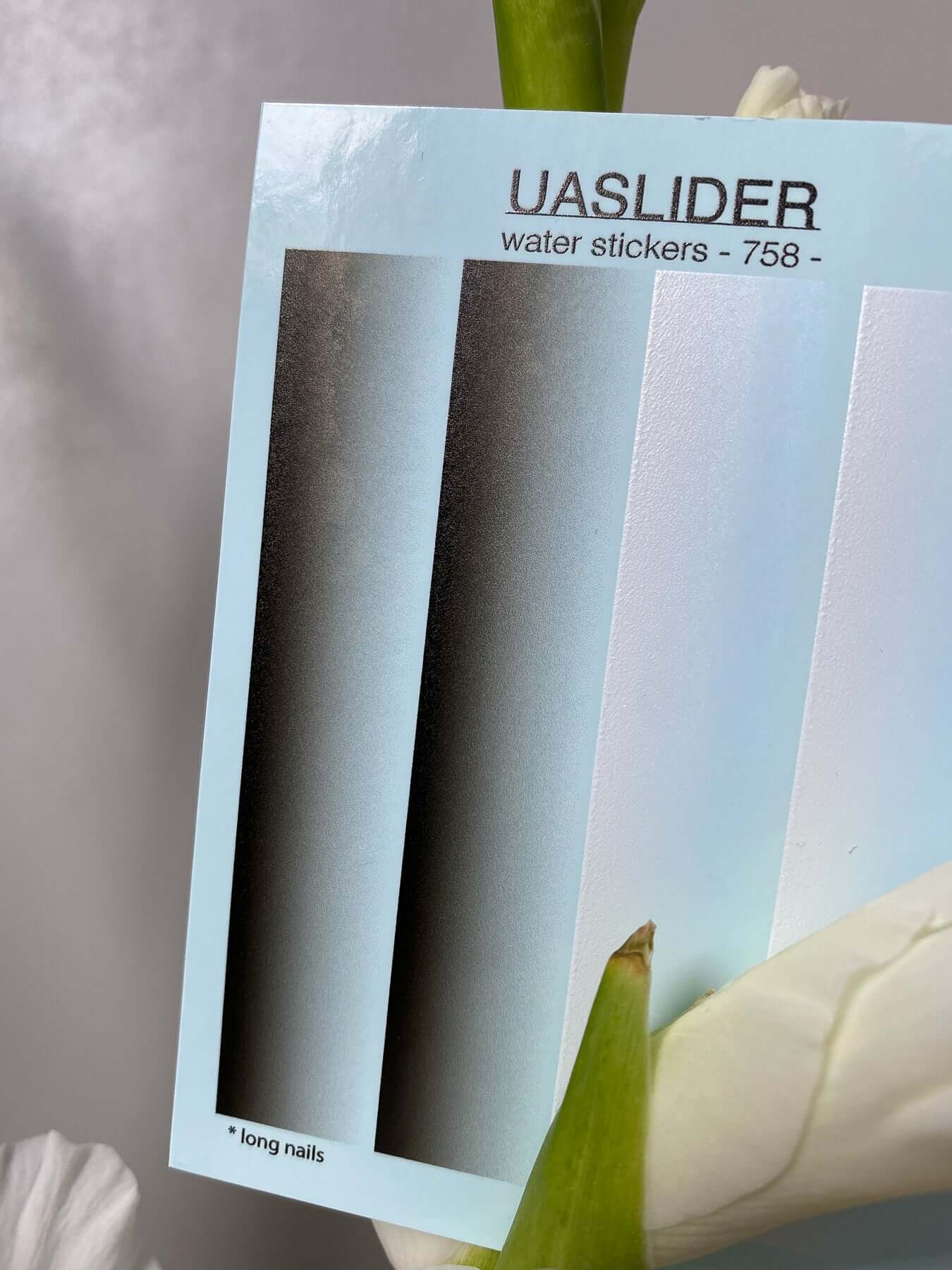 Nail Water Decal 758 water slide decals on display with a white backing for vivid designs.