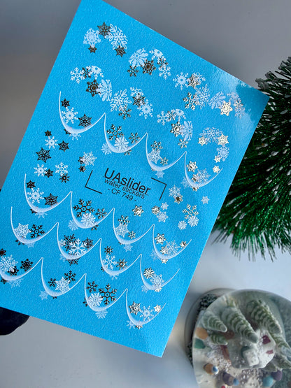 Nail Water Decal CF-749 | Water Slide Nail Decals | White and Gold Snowflake French Design