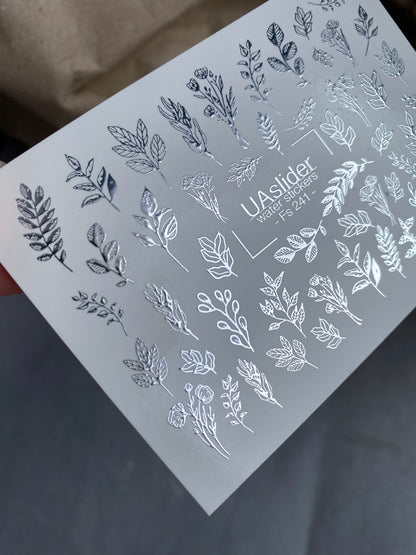 Nail Water Decal Fs-241 | Botanical Water Slide Nail Decals | Silver Foil Leaves & Branches