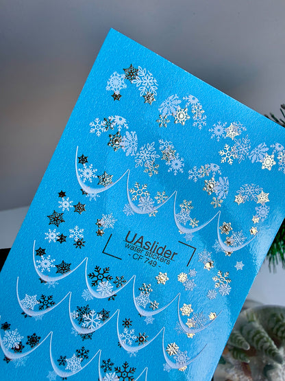 Nail Water Decal CF-749 | Water Slide Nail Decals | White and Gold Snowflake French Design