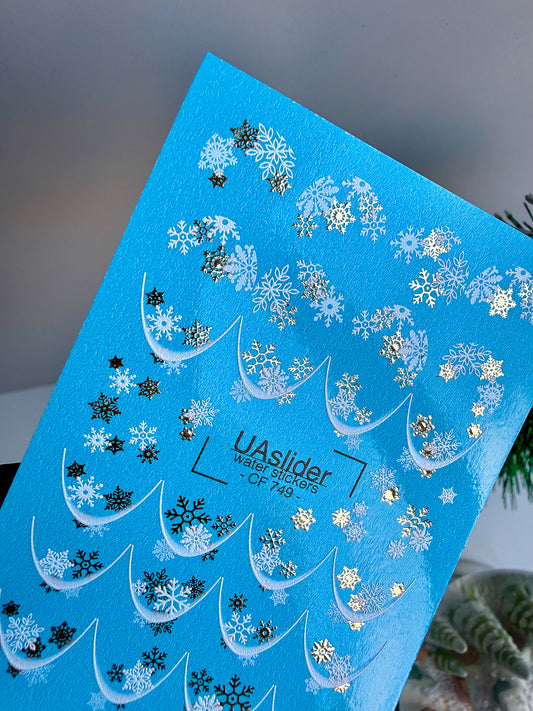 Nail Water Decal CF-749 | Water Slide Nail Decals | White and Gold Snowflake French Design