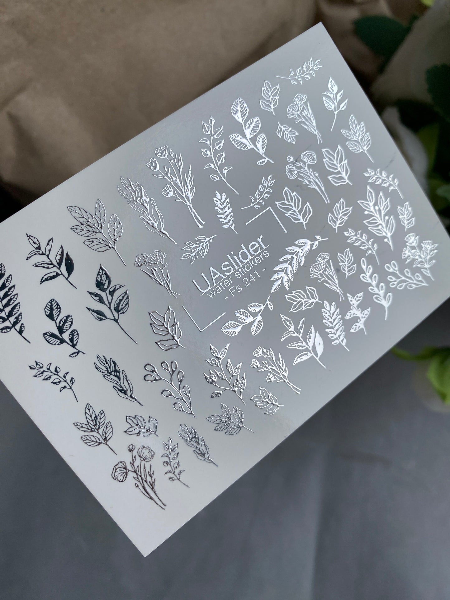 Nail Water Decal Fs-241 | Botanical Water Slide Nail Decals | Silver Foil Leaves & Branches