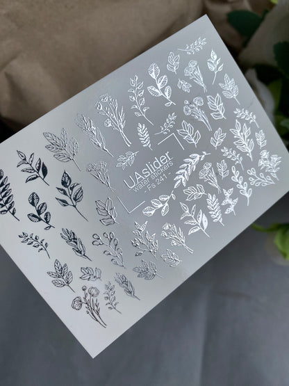 Nail Water Decal Fs-241 | Botanical Water Slide Nail Decals | Silver Foil Leaves & Branches