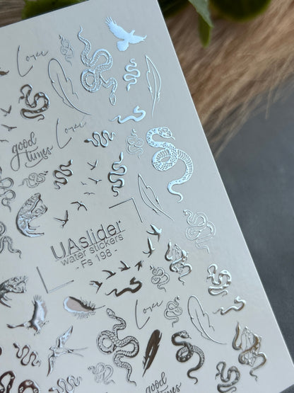 Nálepka na nehty Fs-198 | Vodní nálepky na nehty s motivem hadů a ptáků | Trendy tetovací styl