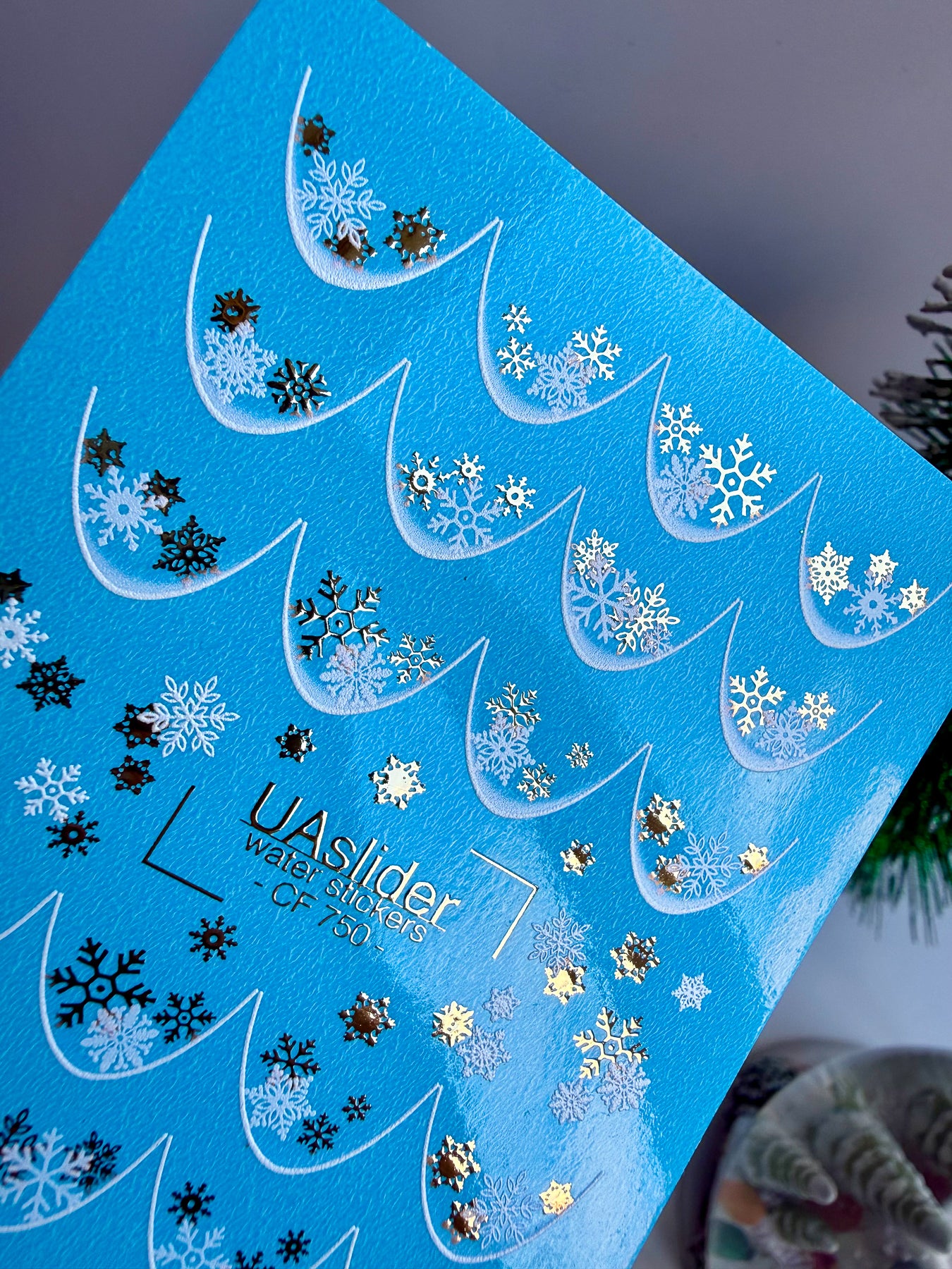 Nail Water Decal CF-750 | Water Slide Nail Decals | Gold and White Snowflake French Tips