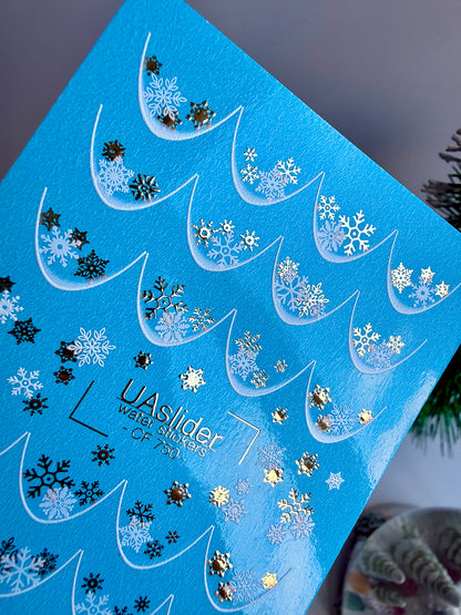 Nail Water Decal CF-750 | Water Slide Nail Decals | Gold and White Snowflake French Tips
