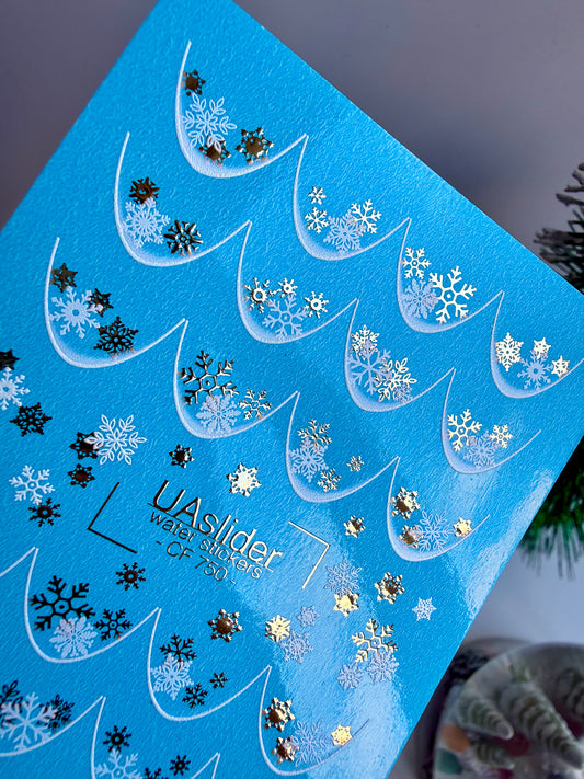 Nail Water Decal CF-750 | Water Slide Nail Decals | Gold and White Snowflake French Tips